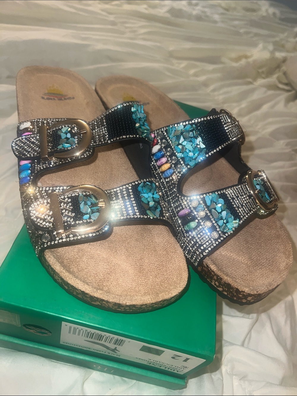 Embellished Black Slide Sandals with Turquoise Accents